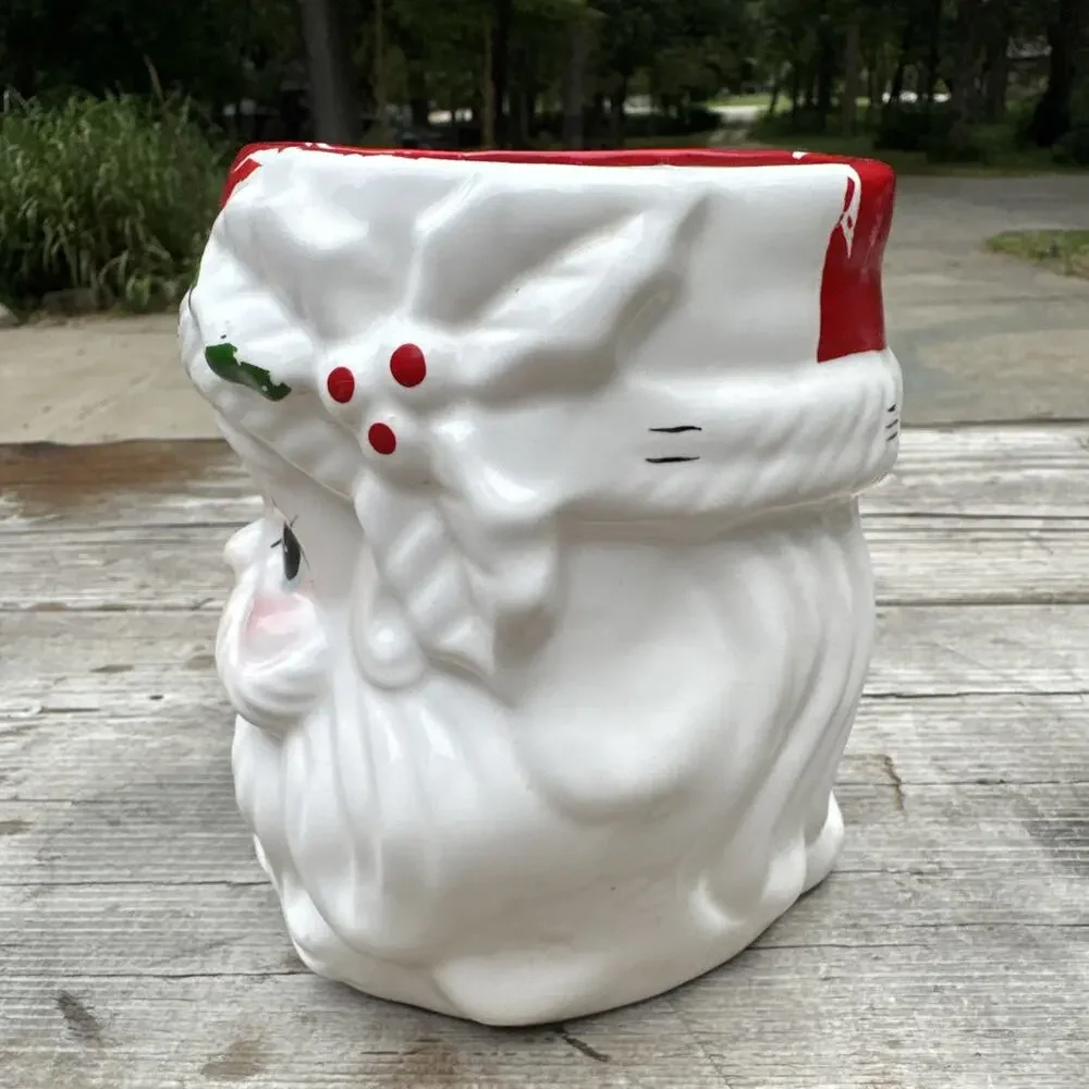 Vintage Ceramic Santa Head Planter Christmas Vase No Handle Holly 6 In